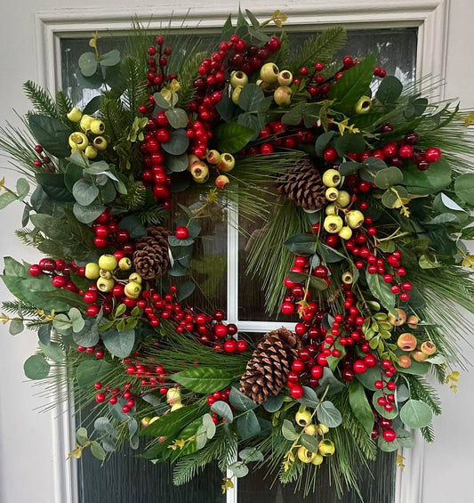 XL Red and Green Berry Cone Wreath Large