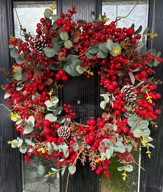 White Red Berry Cone Wreath Large